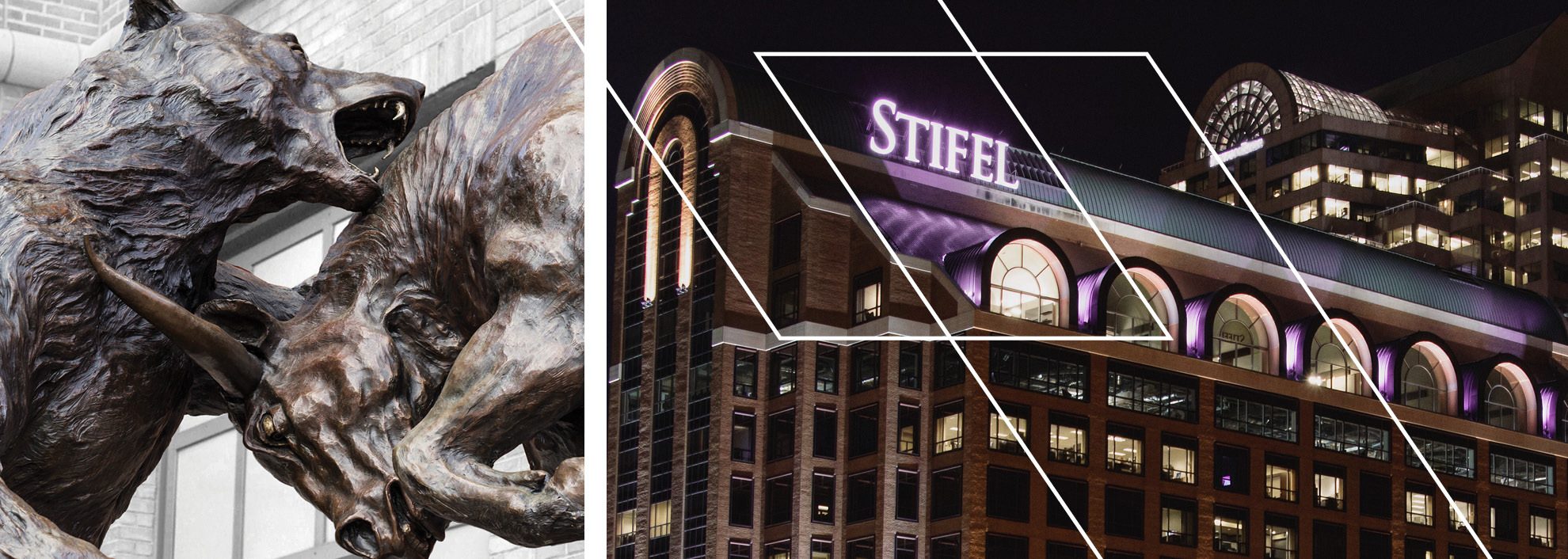Bear & Bull statue; Stifel building at night